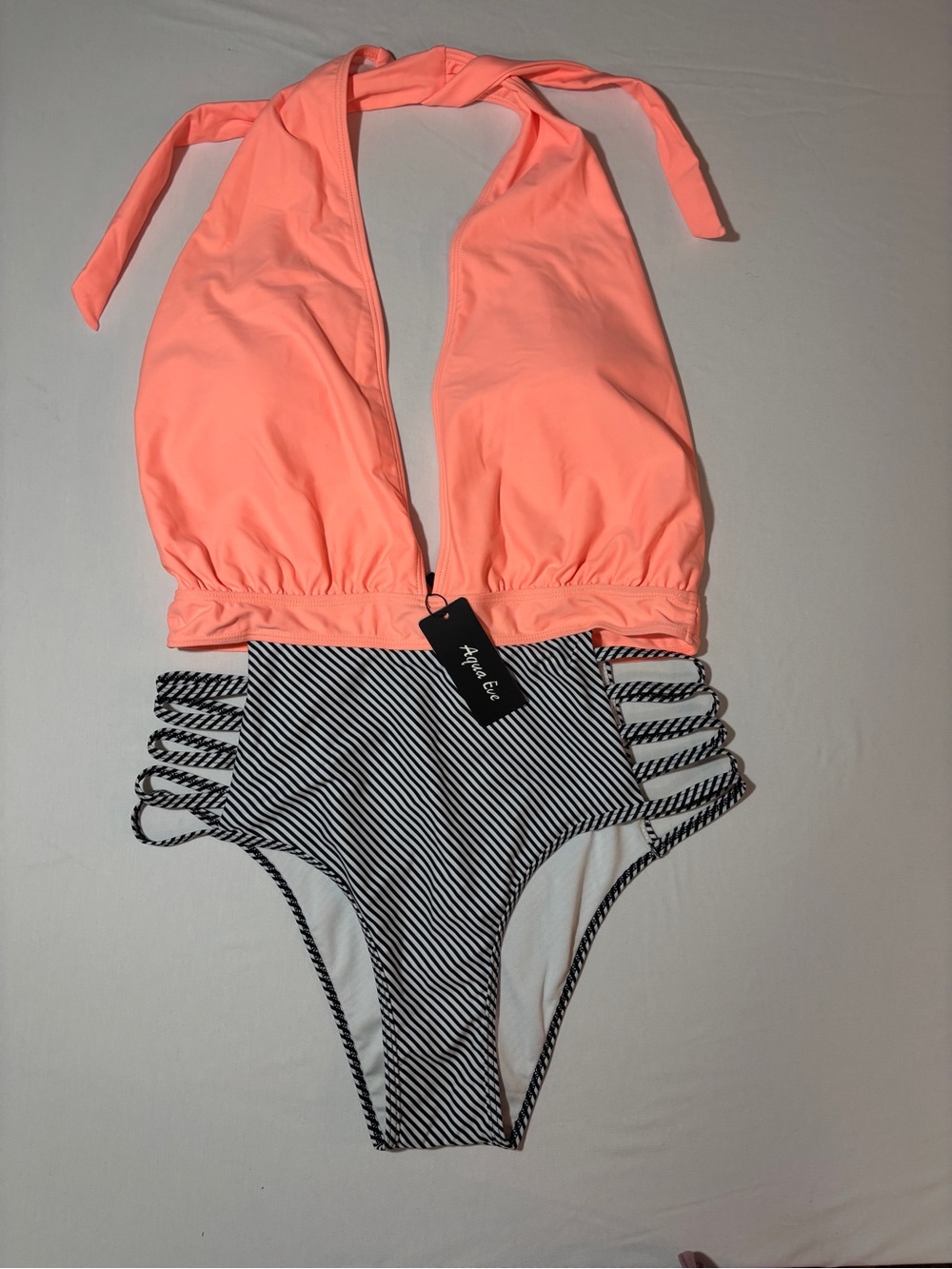 Aqua Eve One Piece Swimsuit Peach & Black White Striped Cutout XL NWT